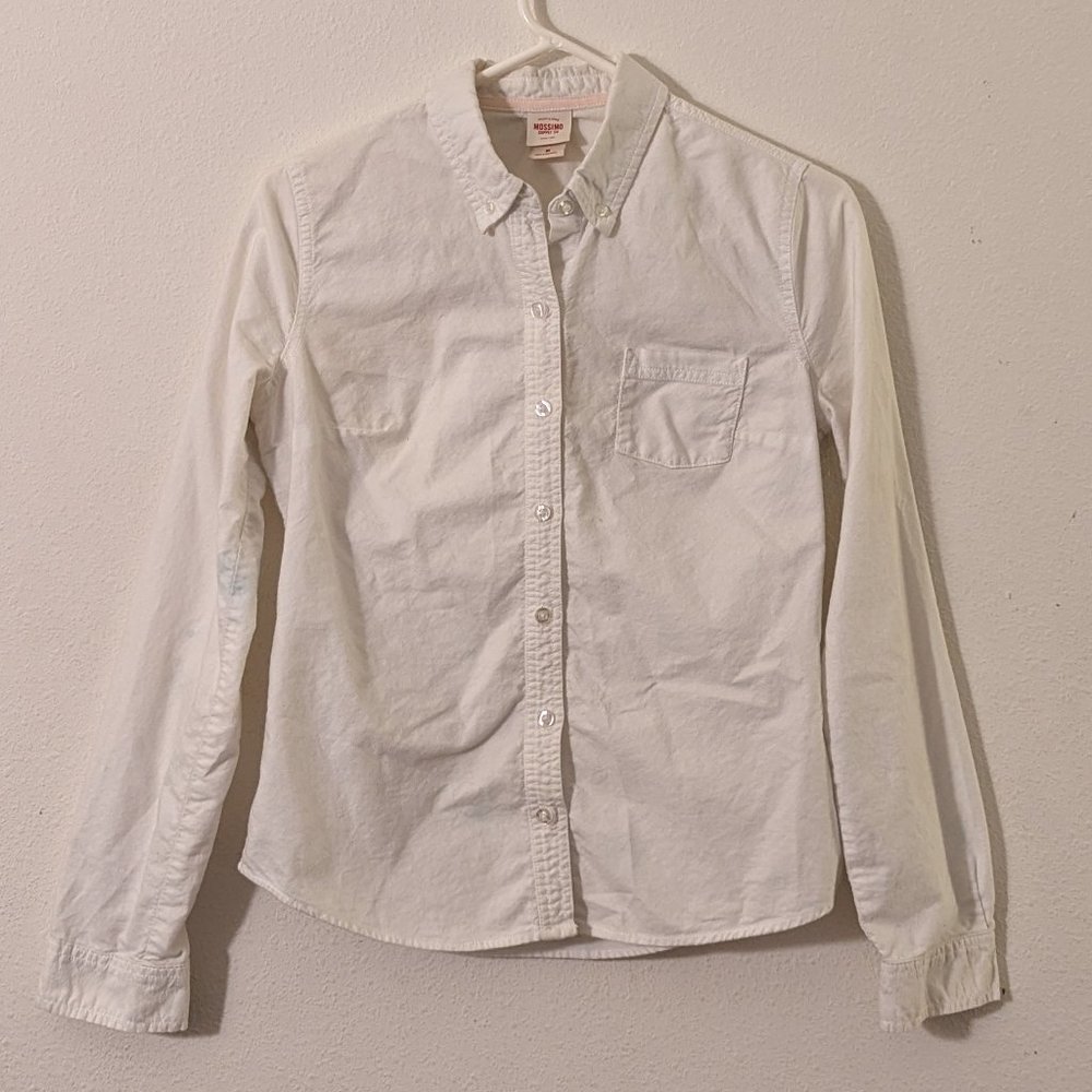 Mossimo Supply Co White Button Up Shirt, Medium, Collar Blouse, Long Sleeve